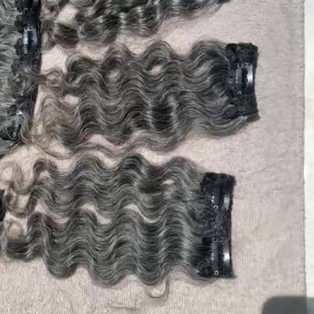 Clip In Raw Natural Grey Curly Hair Extensions