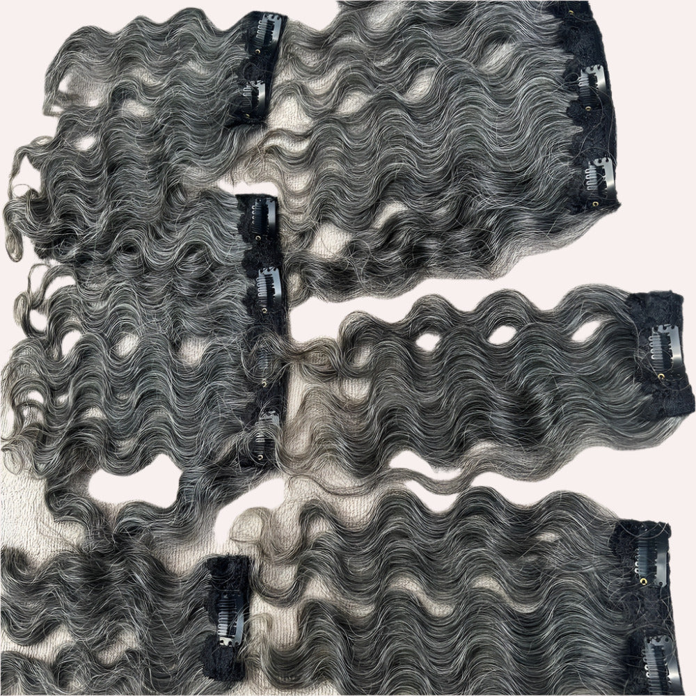 Clip In Raw Natural Grey Curly Hair Extensions