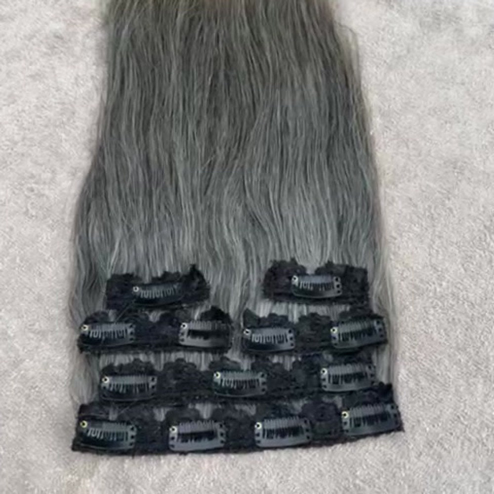 Clip In Raw Natural Grey Straight Hair Extensions