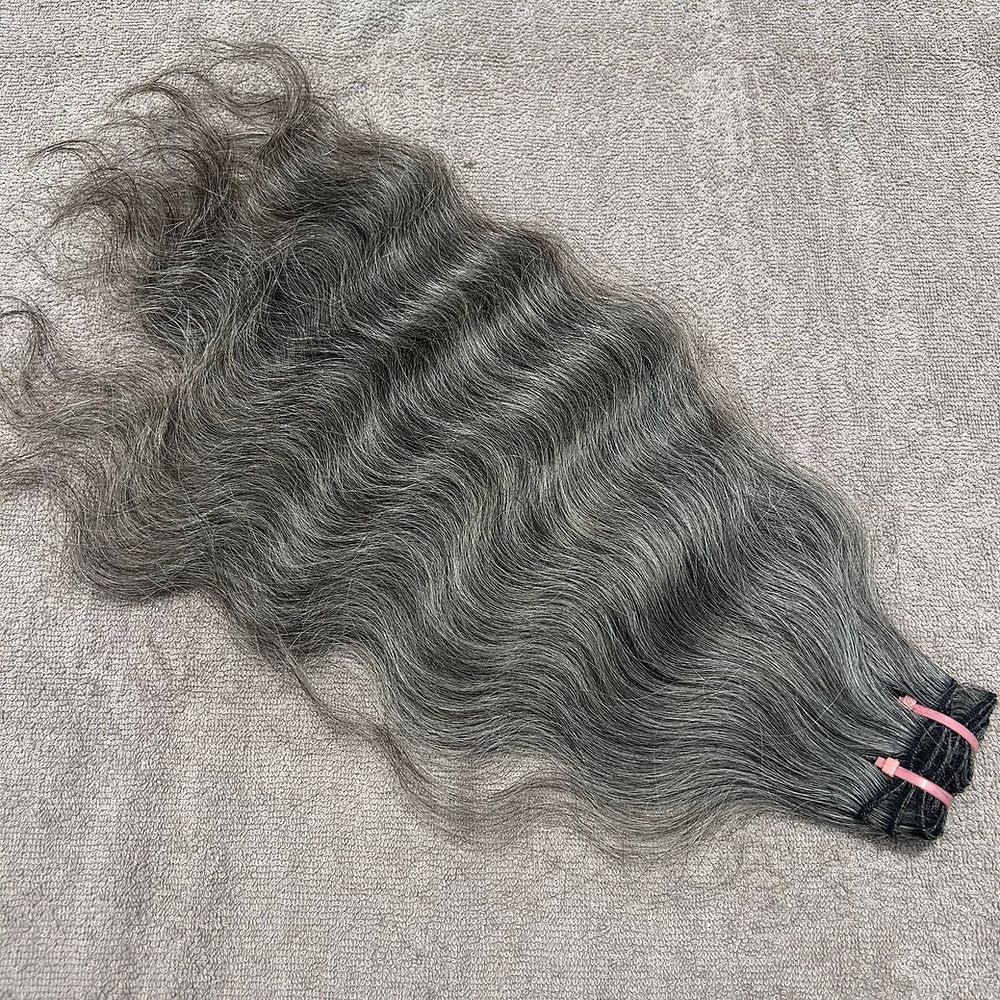 Raw Natural Grey Wavy Weft Hair Extensions