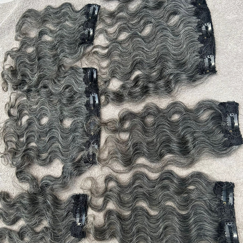 Clip In Raw Natural Grey Curly Hair Extensions