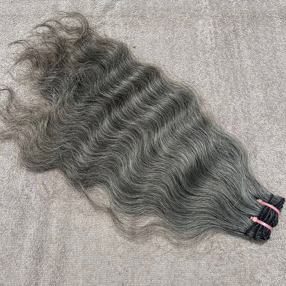 Raw Natural Grey Wavy Weft Hair Extensions