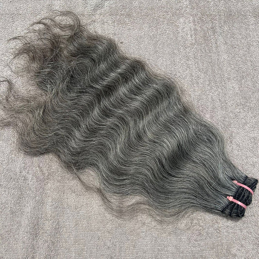 Raw Natural Grey Wavy Weft Hair Extensions
